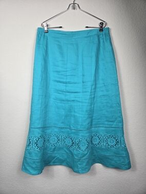 EY Signature 100% Linen Midi Skirt Size L Aqua Teal Eyelet Hem Boho Cottagecore